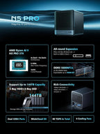 MINISFORUM N5 Pro 5-Bay Desktop AI NAS, AMD Ryzen AI 9 HX PRO 370 12-Core/24T CPU, 128GB SSD, 1x10GbE, 1x5GbE, 1xM.2+2xU.2/M.2 Slots, 2xUSB4(8K), 8K HDMI, OCuLink, Network Attached Storage (Diskless)
