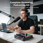 Podcast Equipment Bundle, PUPGSIS Audio Mixer with Dynamic Microphone, Pro-preamp, Bluetooth 5.3, Gaming Equipment Set for Podcast Recording, Live Streaming, Video Vocals, Phone, DJ