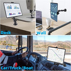 All-Aluminum Heavy Duty Drill Base Tablet Holder Mount for 4.7"-15" iPad Pro,Mini,Samsung Galaxy Tab, Surface, 360°Adjustable 2-Stage Arm Car Stand for Truck Dashboard Wall Desk Commercial Vehicle