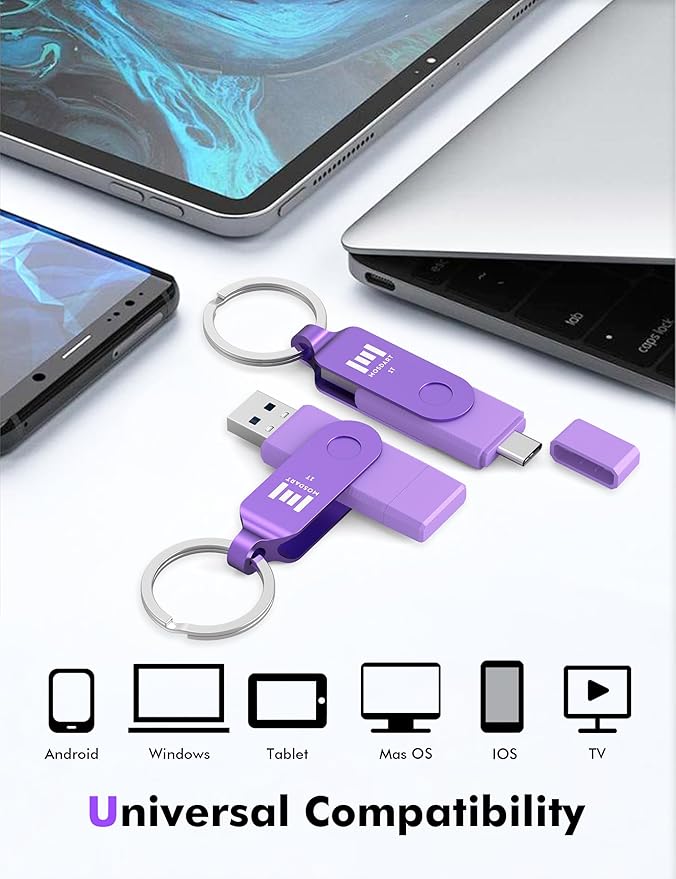 MOSDART 1TB USB3.1 Fast Speed C and A Dual Flash Drive, exFAT Memory Stick with Keychain and LED Indicator, for iPhone 15 and 16, Android Phone, iPad, MacBook, and Other Laptops, Purple