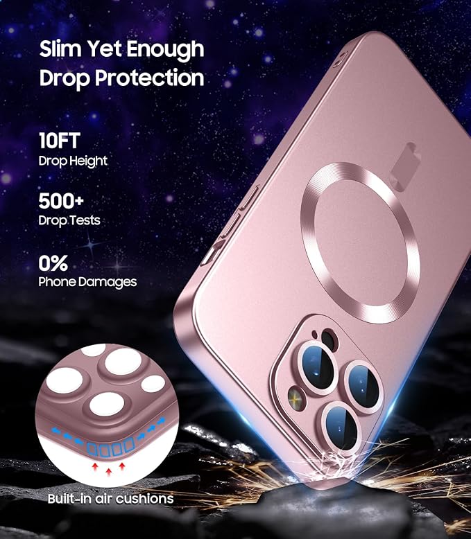 Magnetic for iPhone 16 Pro Case [Compatible with MagSafe][Built-in Camera Lens Protector] Slim Soft Silicone Bumper Shockproof Metallic Luster Phone Case (Rose Gold)