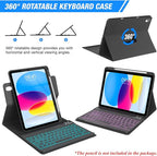 BLUTLOTUS Keyboard Case for iPad 10th Generation 2022 10.9 inch,360° Rotatable Keyboard Case with Pencil Holder, 7 Color Backlit Detachable Bluetooth Keyboard,Smart Folio Tablet Cover (Black)