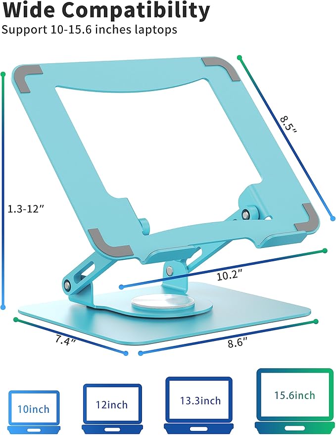 SOUNDANCE Laptop Stand with 360° Rotating Base, Ergonomic Computer Riser for Desk, Adjutable Height Muti-Angle, Foldable Laptop Mount, Stable Metal Holder Support 10-15.6" Notebook PC, Blue