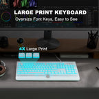 Large Print Backlit Computer Keyboard, USB Full Size Wired Keyboards with 7-Colors Backlight, Wrist Rest, Light Up Keyboard for Windows, PC, Laptop - Easy to See, Easy to Setup