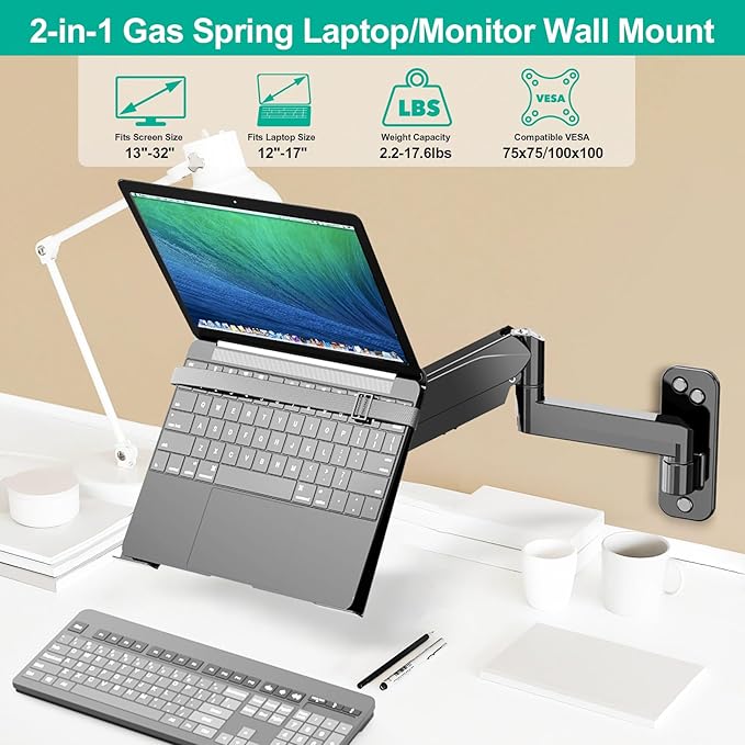 Laptop Wall Mount, 2-in-1 Gas Spring Wall Holder with Vented Tray for 12"-17" Notebook/13-32 Computer Screen, Full Motion Adjustable Wall Mount Laptop Stand Holds 3.3-17.6lbs