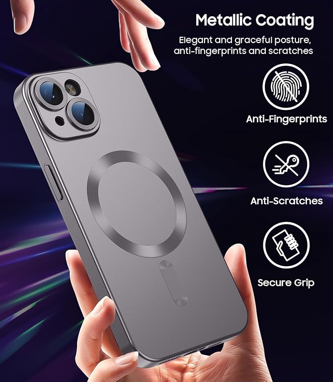 Magnetic for iPhone 15 Case [Compatible with MagSafe][Built-in Camera Lens Protector] Slim Soft Silicone Bumper Shockproof Metallic Shine Phone Case (Gray)