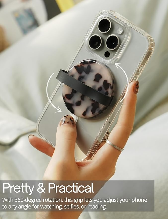 Heesch Tortoise Magnetic Phone Grip Loopy for Phone Case Ring Holder for iPhone Girly Finger Loop for Back of Phone Cute Mag Safe Grip Strap for Hand Removable MagSafe Accessories, Ivory Tortoise