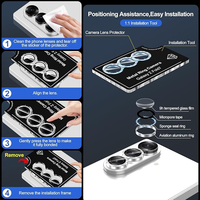 for Samsung Galaxy Z Fold 7 Camera Lens Protector, Individual Metal Ring Tempered Glass Lens Cover, [Strong Adsorption] Scratch Resistant Ultra-Thin HD Clear Lens Cover, 1 Set-Blue Sparkly