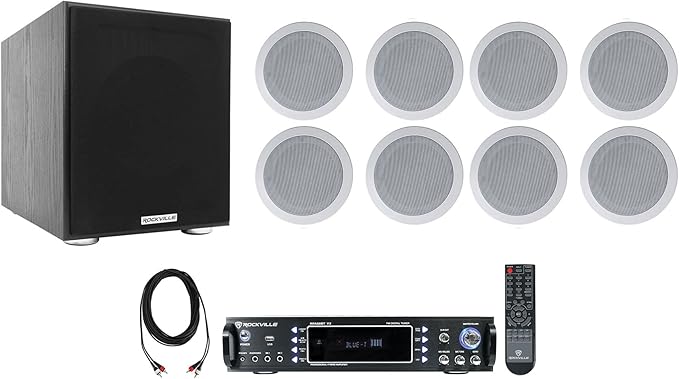 Rockville RPA60BT Home Theater Receiver Amp+(8) 5.25" White Ceiling Speakers+Sub