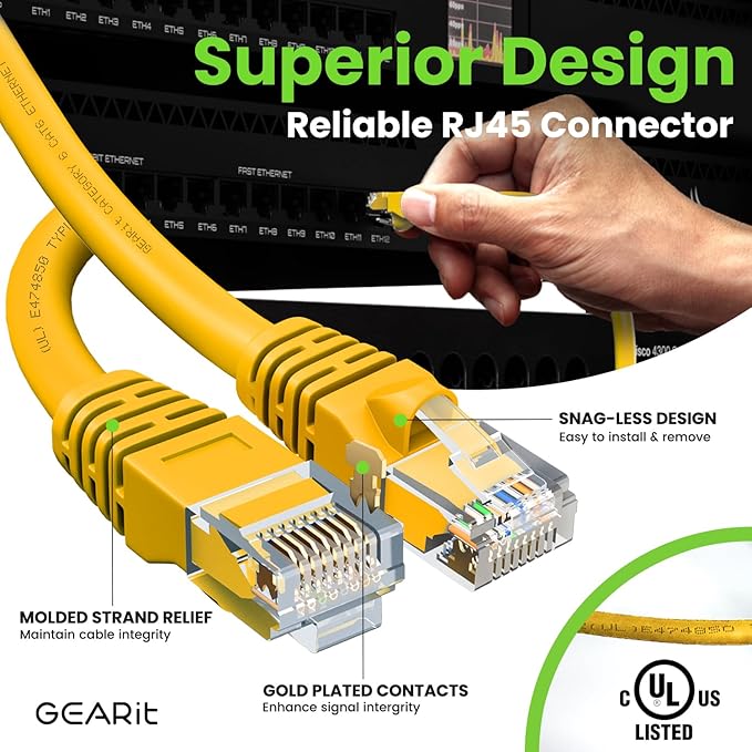 GearIT Cat 6 Ethernet Cable (10-Pack 15 Feet) Cat6 Network Patch, 10Gbps, RJ45, Snagless Cord, Gold-Plated Connectors, Internet for PC, TV, Tablet, Router, Printer, Servers, IT Data Center - Yellow