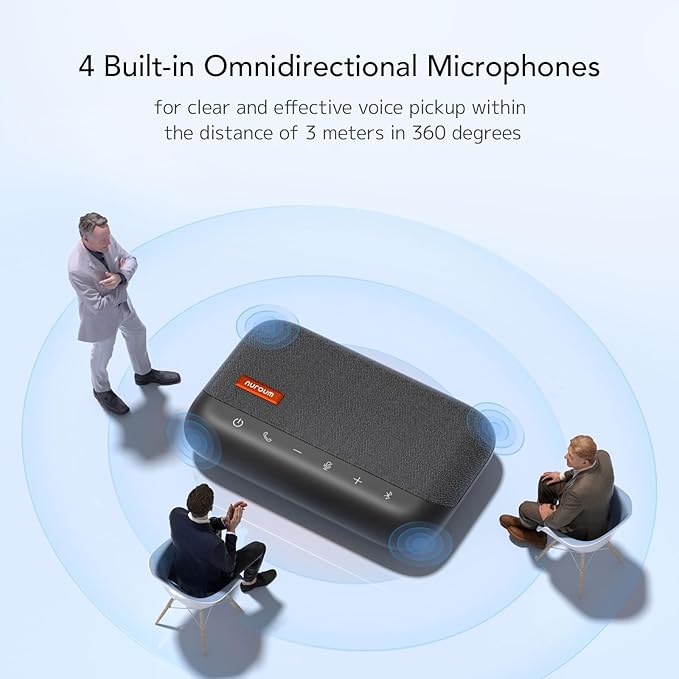 NUROUM A15 Conference Speaker and Microphone, Portable Bluetooth Wireless Speakerphone, 360° Noise Cancelling Voice Pickup, Daisy Chian for Calls/Computer/PC/Laptop via Bluetooth/Dongle/USB-A/C Grey