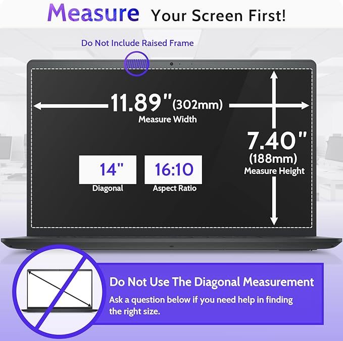 14 Inch Laptop Privacy Screen Compatible with Lenovo Hp Dell Acer Asus Thinkpad Envy Xps Computer 16:10 Aspect, Removable Anti Glare Blue Light Filter Protector, 14inch Monitor Security Shield