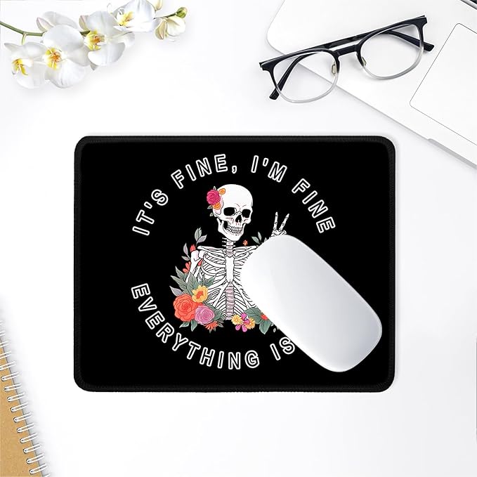ITNRSIIET Mouse Pad with Stitched Edge Premium Textured Smooth Precise Operation Waterproof Washable Non-Slip Rubber Base Desktop Protection Mat, 10.2×8.3×0.12 inches, Flower Skull