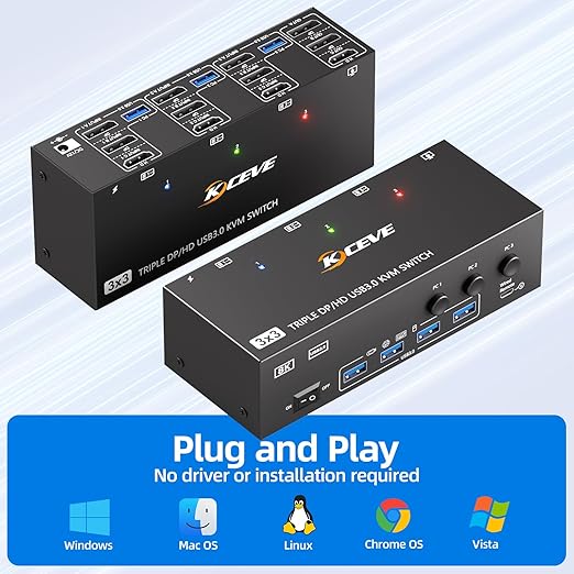 HDMI+2Displayport KVM Switch 3 Monitors 3 Computers 8K@60Hz 4K@144Hz,Triple Monitor KVM Switches with 4 USB3.0 Port for USB Devices,Wired Remote,Power Adapter and USB Cables Included.