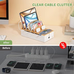 Pezin & Hulin Bamboo Cable Management Box, Wire Organizers for Cords, Charge Station Box, Desktop Dock Organizer Rack for Electronic Device (Include 6 Cables)(No Power Adapter) -Natural + White
