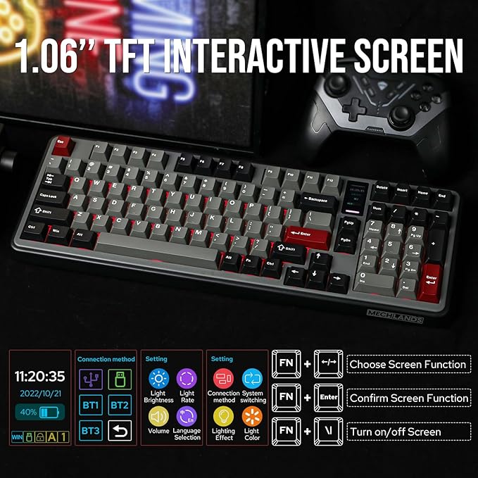 Vibe99 Wireless Gaming Keyboard with 1.06'' Screen, 96% Hot Swappable Creamy Mechanical Keyboard with Gasket Structure, BT5.0/2.4GHz/USB-C, 5-Layer Padding, RGB, NKRO for Win/Mac (Black)