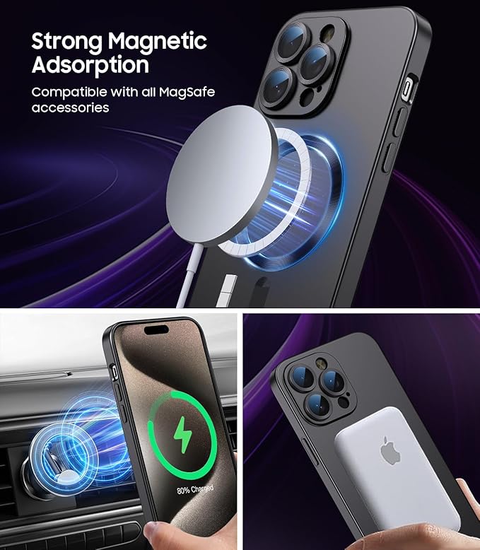 Magnetic for iPhone 15 Pro Case [Compatible with MagSafe][Built-in Camera Lens Protector] Slim Soft Silicone Bumper Shockproof Metallic Shine Phone Case (Black)