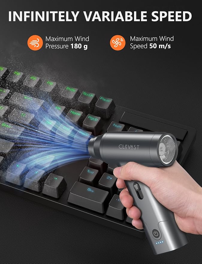 CLEVAST Compressed Air Duster - Cordless Mini Air Blower with Stepless Speed Control, 130000 RPM Brushless Motor, Rechargeable Electric Duster for PC, Keyboard, Car, Electronics Cleaning Kit