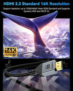 16K 8K HDMI Cable 96Gbps 10 FT, Ultra High Speed HDMI 2.2 Cable 16K@60Hz 8K@120Hz 4K@480Hz HDCP 2.2&2.3, Dynamic HDR, eARC,DTS:X, Compatible with Roku TV/HDTV/PS5/Blu-ray/Projector