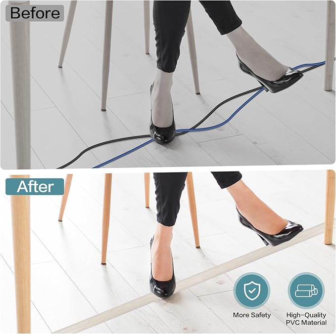 Floor Cord Cover Self Adhesive Cord Hider Floor Extension Cord Covers for Floor Power Cord Protector Cable Management Prevent Cable Trips Cable Cavity 0.59" W x 0.31" H (Beige Wood, 10Ft)