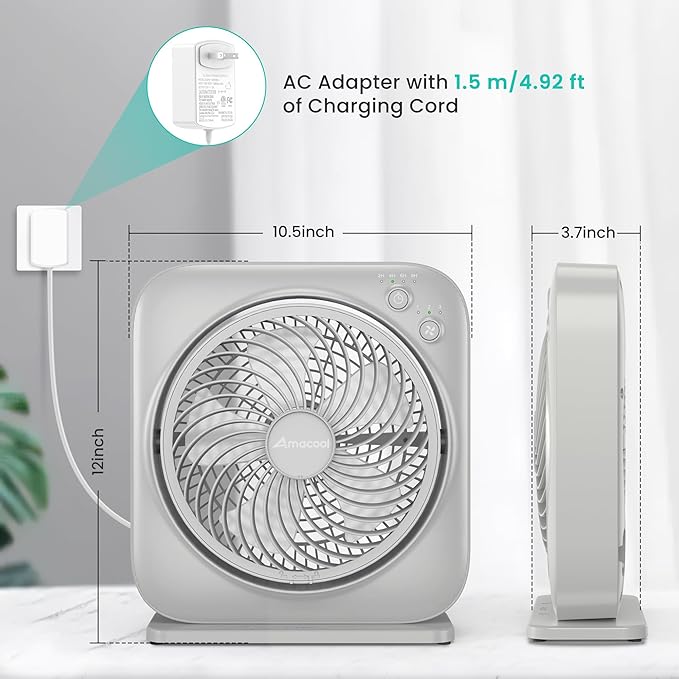 AMACOOL Table Fan, 12 inch Box Fan with 3 Adjustable Speeds & 8HRS Timer, Adjustable Angle Quiet Air Circulator, Desktop Fan for Bedroom Bathroom Kitchen Office, AC Adapter Included (Grey)