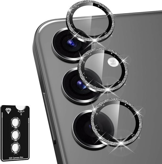 for Samsung Galaxy S25 Plus Camera Lens Protector, Individual Metal Ring Tempered Glass Lens Cover, [Strong Adsorption] Scratch Resistant Ultra-Thin HD Clear Lens Cover, 1 Set-Black Sparkly