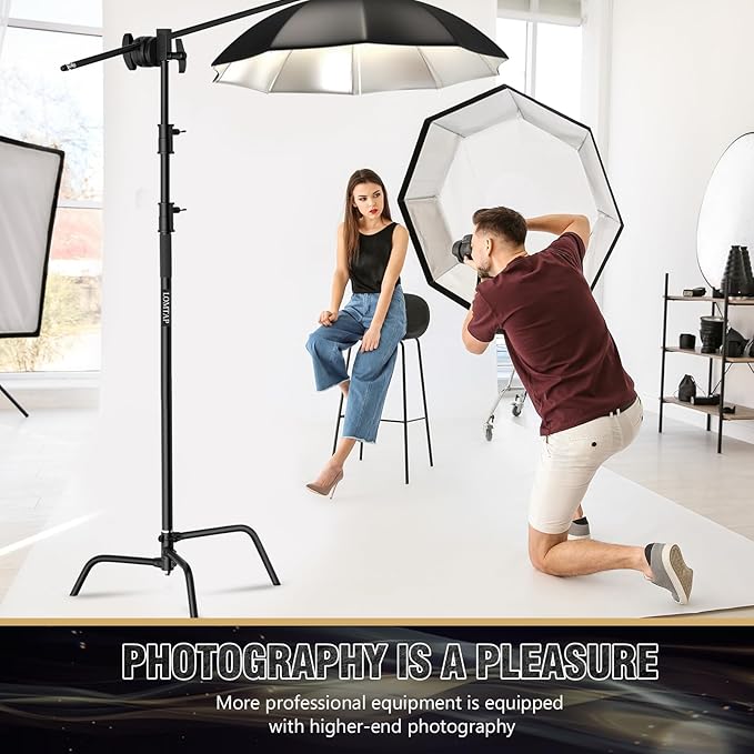 LOMTAP C Stand Light Stand Stainless Metal Photography Kit - Heavy Duty 6.8ft/210cm Vertical Pole, 2.8ft/87cm Boom Arm, Adjustable Base, Water Sandbag, 2 Grip Heads, 3 Clips for Softbox, Reflector