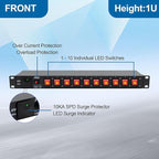 10 Outlets 1U Horizontal PDU Network Rackmount Power Strip with Surge Protector, (SPD-10KA) 100-240V,15A 3600 Joules, w/10 LED Switches and 6ft 14 AWG Cord, ETL Listed
