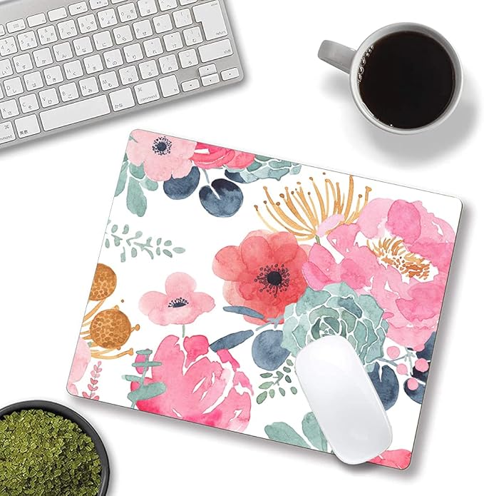 Mouse Pad, Premium-Textured Mouse Mat, Non-Slip Rubber Base Mousepad for Laptop, Computer & PC,9.5×7.9 in,Pink Green Flower