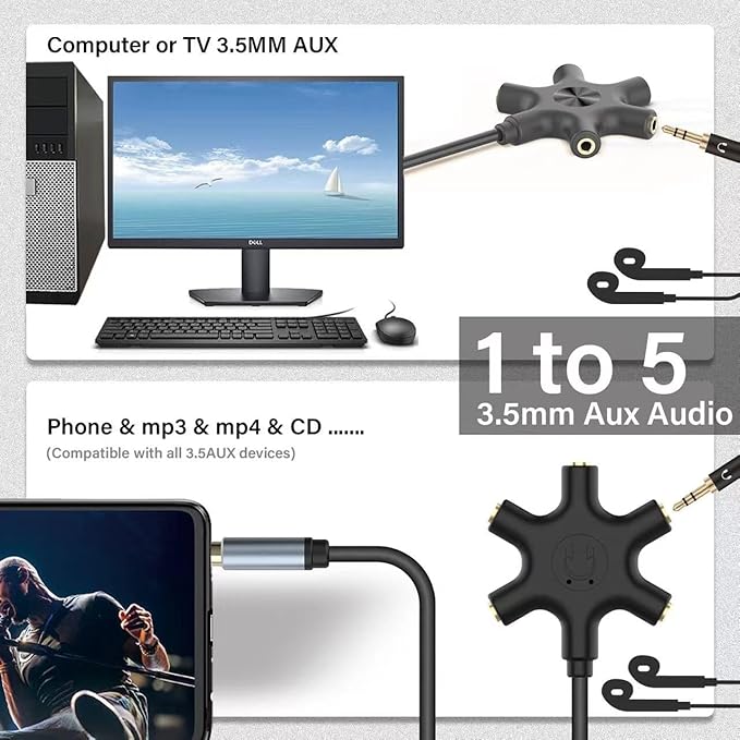 Multi Headphone Audio Splitter, 5-Way 3.5mm Jack Stereo Headset Adapter to Connect Up to 5 Devices for Mixing, Shared Experiences - for iPhone, iPad & More