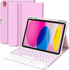 MoKo Touch Keyboard Case for iPad (A16) 11th Generation 11 inch 2025, iPad 10th Generation 10.9 inch Case with Pencil Holder, 7 Colors Backlit Multi-TrackPad Detachable Bluetooth Keyboard,Nosegay Pink