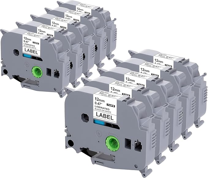 Weemay 1/2" Label Maker Refills Compatible for Brother Tze Tz Tape 12mm 0.47 Laminated White, for Ptouch Label Maker Machine Cube PTD210 PTP701BT PTD220 PTH110 PTH110BP PTH111 PTP750W PTD600, 10 Pack