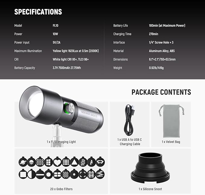 NEEWER BASICS RGB Photography Flashlight with 4 Colors/20 Gobo Filters/7500mAh, 10W Portable LED Video Spotlight Aluminum Alloy Patterned Ambient Sunset Light for Video Recording Studio Lighting, FL10