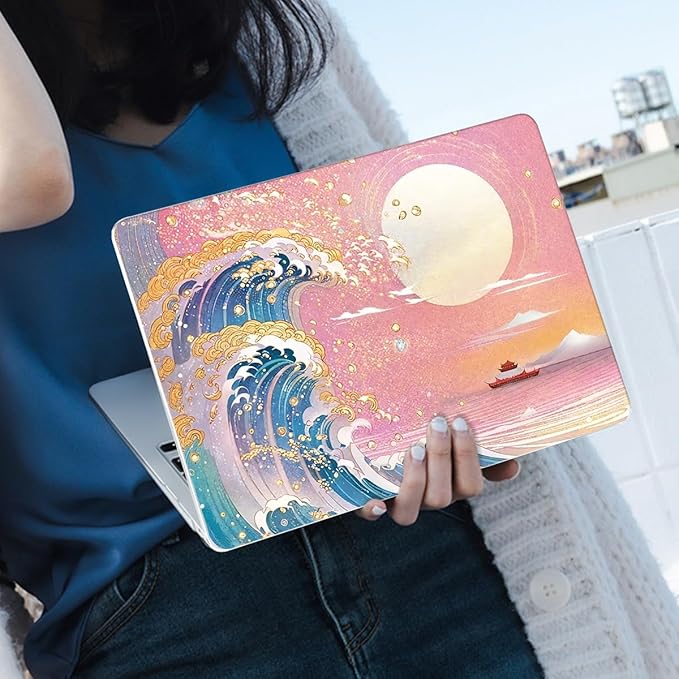 Compatible with 2018 2019 2020 2021 MacBook Air 13 inch Case M1 A2337 A2179 A1932, Clear Printed Pattern Hard Shell Case & Keyboard Cover for Mac Air 13 M1 Touch ID, Sunset Glow Waves