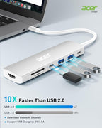 Acer USB C Dock, 7 in 1 USB C to HDMI Hub, 2 USB 3.1 GEN1 and 5Gbps Type-C Data Port, 4K HDMI Port, PD 100W Charging, SD Card Reader, for iPad Pro MacBook Pro Acer Laptops and More (Silver)