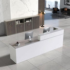 Reception Desk with Counter, Modern Front Desk Reception Counter with Keyboard Tray, Lockable Drawer and Storage Shelves for Office, Retail, Salon(White+Gray/Left, 63" L*24" W*39" H)