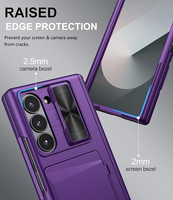 for Samsung Galaxy Z Fold 6 Case with Card Holder & Belt Clip & Slide Lens Cover, Built-in Hinge Protection & Screen Protector, Durable Wallet Phone Cover Case for Z Fold 6 5G 2024, Dark Purple