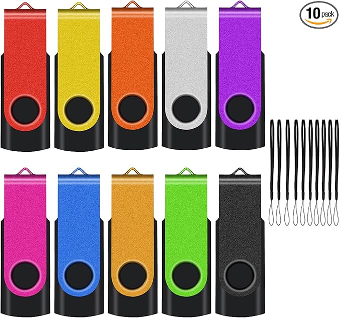 EASTBULL Flash Drive Bulk 64GB USB 10 Pack with Lanyards USB 2.0 Thumb Drive Bulk Memory Stick Swivel Pen Drive for Storage and Backup(64GB 10Pack, Mixed Color)