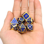Haxtec Metal DND Dice Set 7 Die Gold Blue Metal D&D Dice Compatible with Dungeons and Dragons Games-Glossy Enamel Dice (Gold Blue)