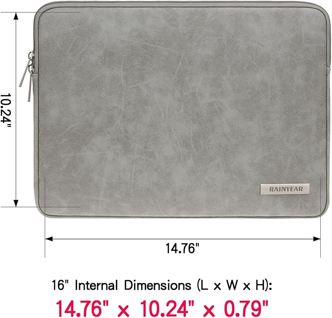 RAINYEAR 16 Inch Laptop Sleeve PU Suede Leather Case Protective Padded Zipper Cover Water Resistant Carrying Bag Compatible with 16" MacBook Pro/Max A2780 A2991 A3403 A3186 A2141 A2485 (Gray)