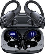 PocBuds Bluetooth Headphones Wireless Earbuds 80hrs Playtime Wireless Charging Case Digital Display Sports Ear Buds with Earhook Deep Bass IPX7 Waterproof Over-Ear Earphones for TV Phone Laptop Black