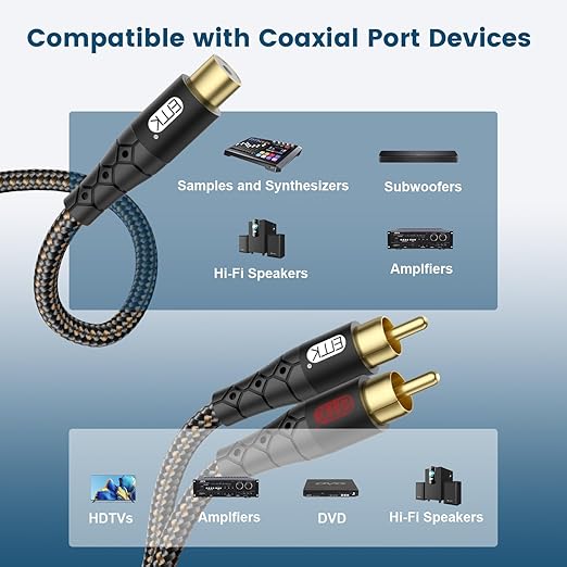 EMK RCA Splitter 2 Male to Female Extension Cable Dual Shielding Gold Plated Nylon Braided RCA Splitter 1 Female to 2 Male Cord Adapter Black/1ft/30CM