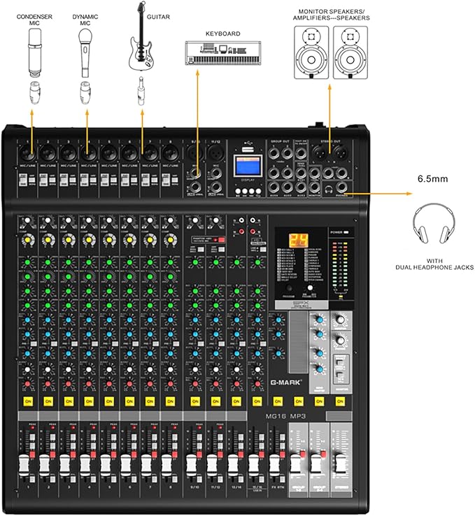 Audio Mixer Bluetooth G-MARK Professional Mixer Usb Interface Sound Board Console System 16 Channel Digital MP3 Computer Input 48V Phantom Power Stereo DJ 24-Bit SPX Effects Mixing Console