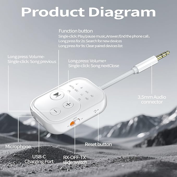 Bluetooth Wireless Transmitter/Receiver Adapter,Supports 2 Headphones，2-in-1 Bluetooth Transmitter Receive with aptX Low Latency,3.5mm Aux Audio Jack Adapter for Airplane/Gym/Car Home Stereo System