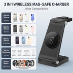 Magnetic Wireless Charger Stand, 3 in 1 Foldable Wireless Charging Station, Travel Charger for Multiple Devices for iPhone 16 15 14 13 12 Series, Apple Watch Ultra/9/8/7/6/5/4/3/2, AirPods