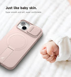 SURITCH for iPhone 13/14 Case with Magnetic Camera Slide Cover and Adjustable Kickstand, Compatible with MagSafe, Shockproof Bumper Case Slim Protective Cover for iPhone 13/14 6.1 Inch, Pink