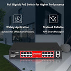 STEAMEMO 16 Port Gigabit PoE Switch, Smart Managed Gigabit Ethernet Switch, 16 PoE+ Ports@240W, Plug and Play, Vlan, Fanless, Desktop or Rackmount, Overload Protection w/ Port