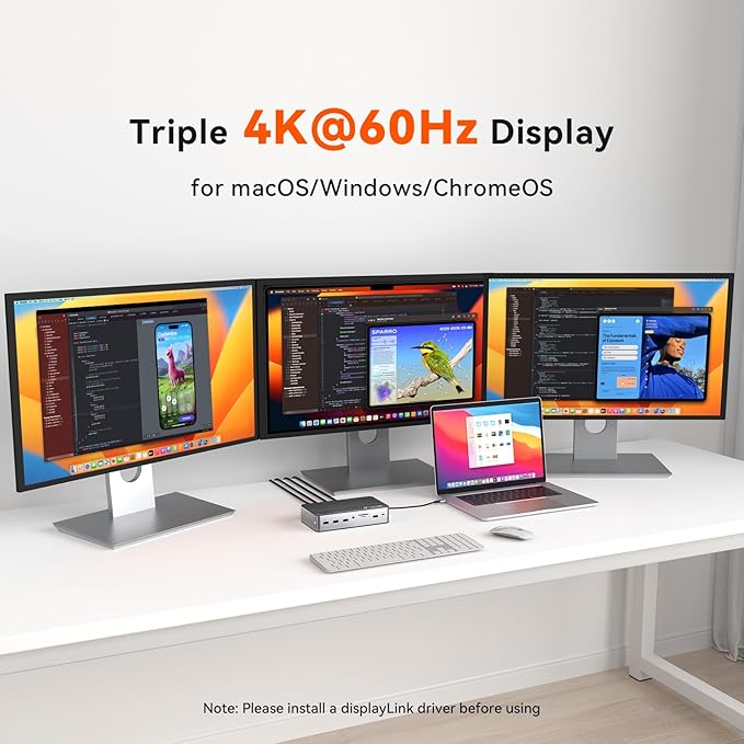 TobenONE DisplayLink Docking Station 3 Monitors with 3 HDMI(4K@60Hz), USB C Docking Station with 120W Charger, for MacBook Pro/Air, Thunderbolt 4/3, USB-C Windows(2 DP, 6 USB, Ethernet, SD/Micro SD)