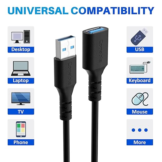 3 Pack USB 3.0 Extension Cable 12 Feet, USB A Male to Female Extender Cord, 5Gbps Data Transfer for Webcam, Printer, Keyboard, Mouse, Flash Drive, Hard Drive, Controller, Black Cable with 5 Cable Ties