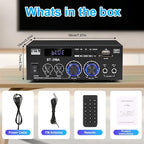 Romica Stereo Audio Amplifier, 2 Channel 450W x2 Bluetooth 5.0 Home Theater Power Amplifier with FM Radio, USB, SD, Optical & Coaxial Inputs, Amplifier for Passive Speakers and Active subwoofer